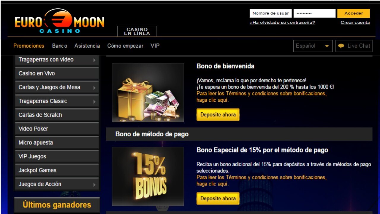 Casino Euromoon bono método de ingreso 15%